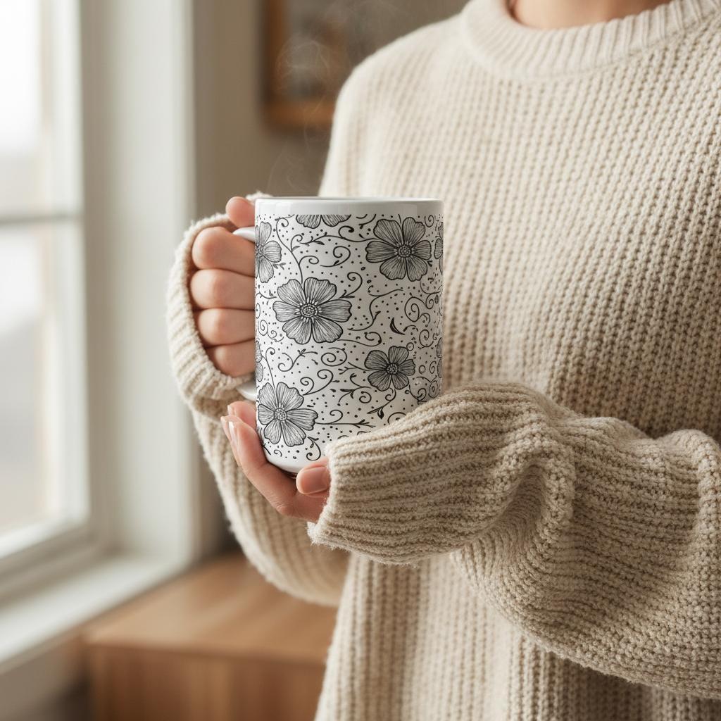 Set of Big Mugs, Floral Cup Set, Large 15 oz Matching Cups
