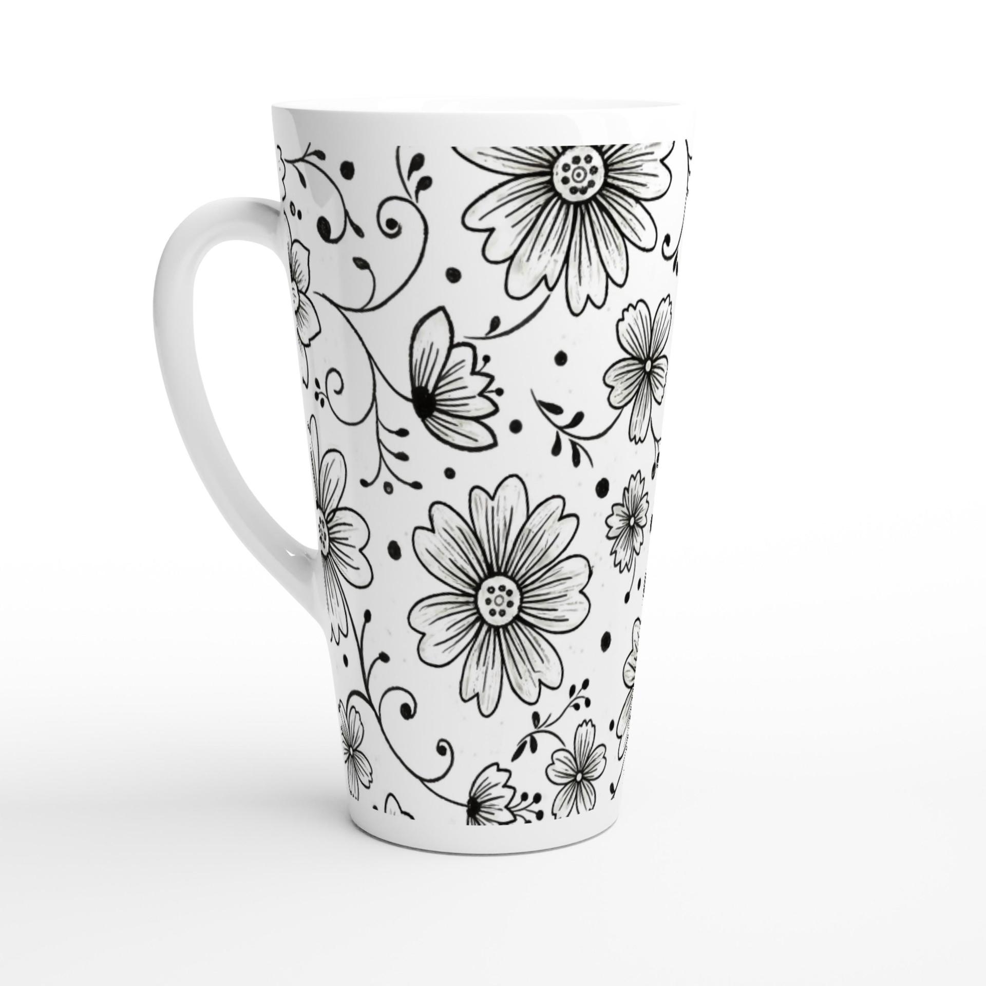 Set of 3 Cups, Floral, 17oz Latte Ceramic Mugs Set - Extra Tall Cup Set