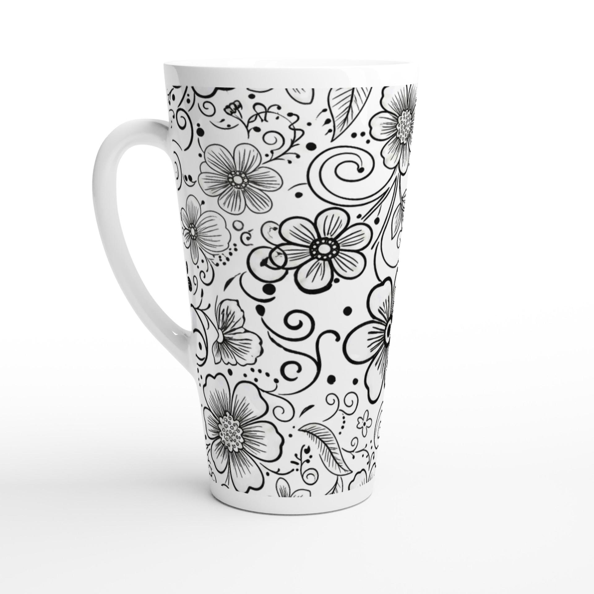 Set of 3 Cups, Floral, 17oz Latte Ceramic Mugs Set - Extra Tall Cup Set