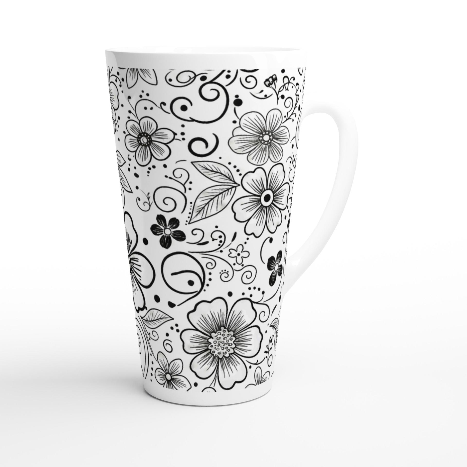 Set of 3 Cups, Floral, 17oz Latte Ceramic Mugs Set - Extra Tall Cup Set