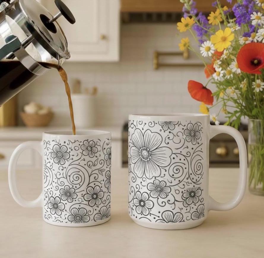 Floral Cups -  Large and Small Ceramic Mugs