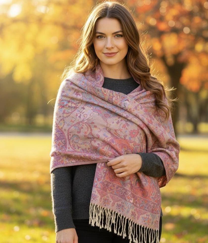 Reversible Soft Pashmina Shawl & Scarf for Women, Jacquard Brocade, Shawl, Sarong or Head Wraps
