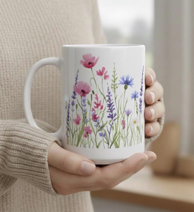 Set of Big Mugs, Floral Cup Set, 15 oz