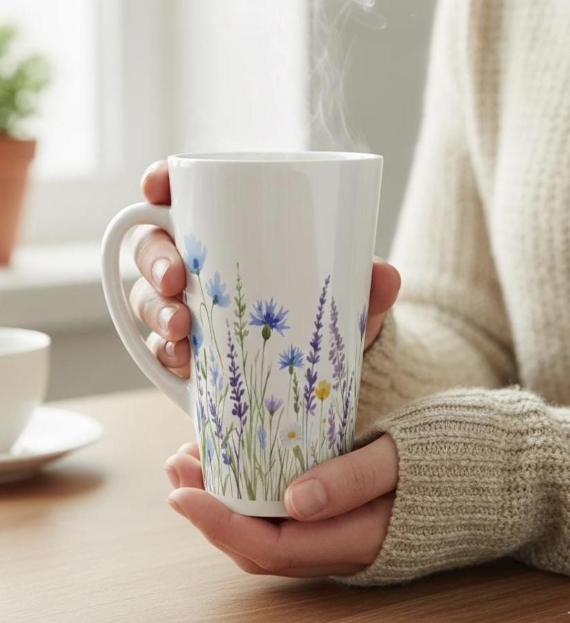 Set of Latte Mugs, Floral Cup Set, 17 oz