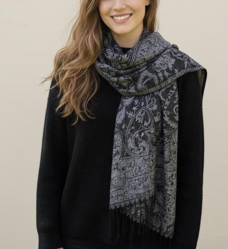 Reversible Soft Pashmina Shawl & Scarf for Women, Jacquard Brocade, Shawl, Sarong or Head Wraps