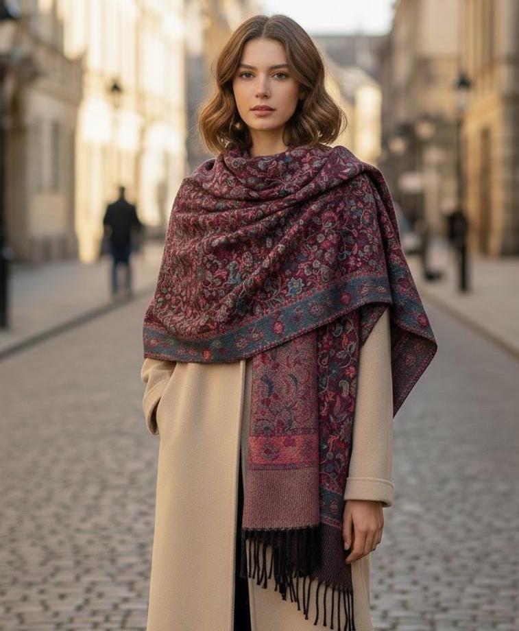 Reversible Soft Pashmina Shawl & Scarf for Women, Jacquard Brocade, Shawl, Sarong or Head Wraps