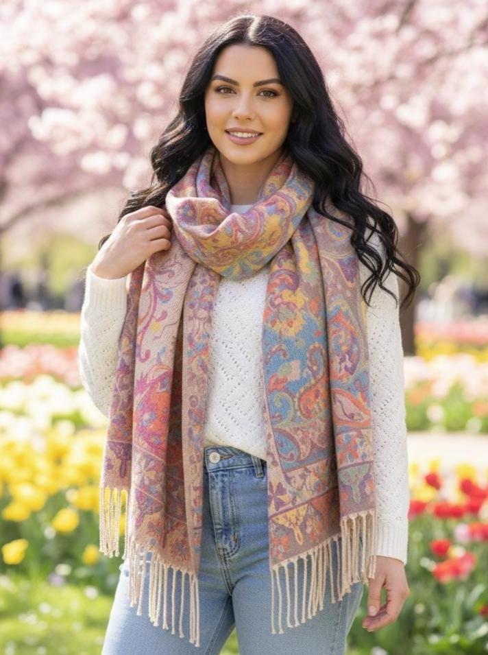 Reversible Soft Pashmina Shawl & Scarf for Women, Jacquard Brocade, Shawl, Sarong or Head Wraps