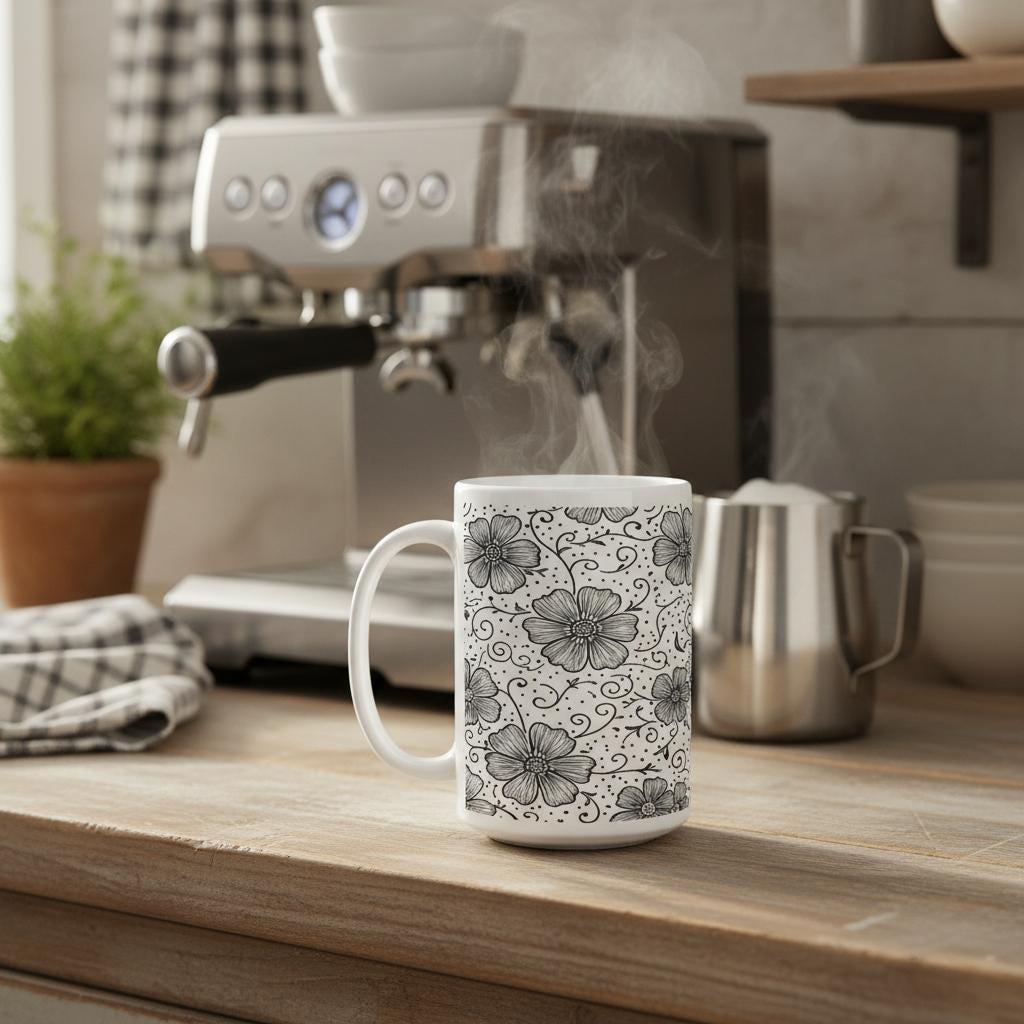 Set of Big Mugs, Floral Cup Set, Large 15 oz Matching Cups