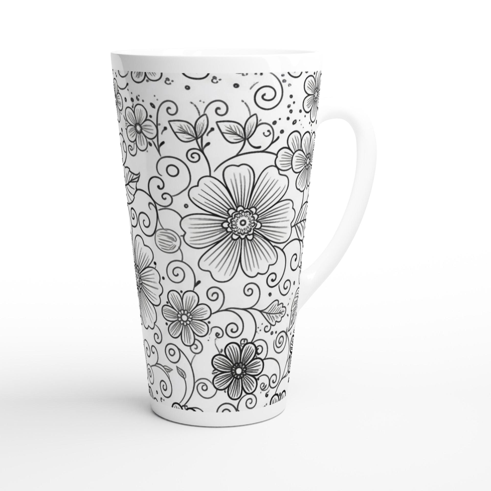 Set of 3 Cups, Floral, 17oz Latte Ceramic Mugs Set - Extra Tall Cup Set