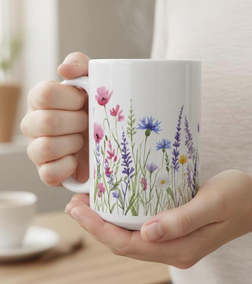 Set of Big Mugs, Floral Cup Set, 15 oz