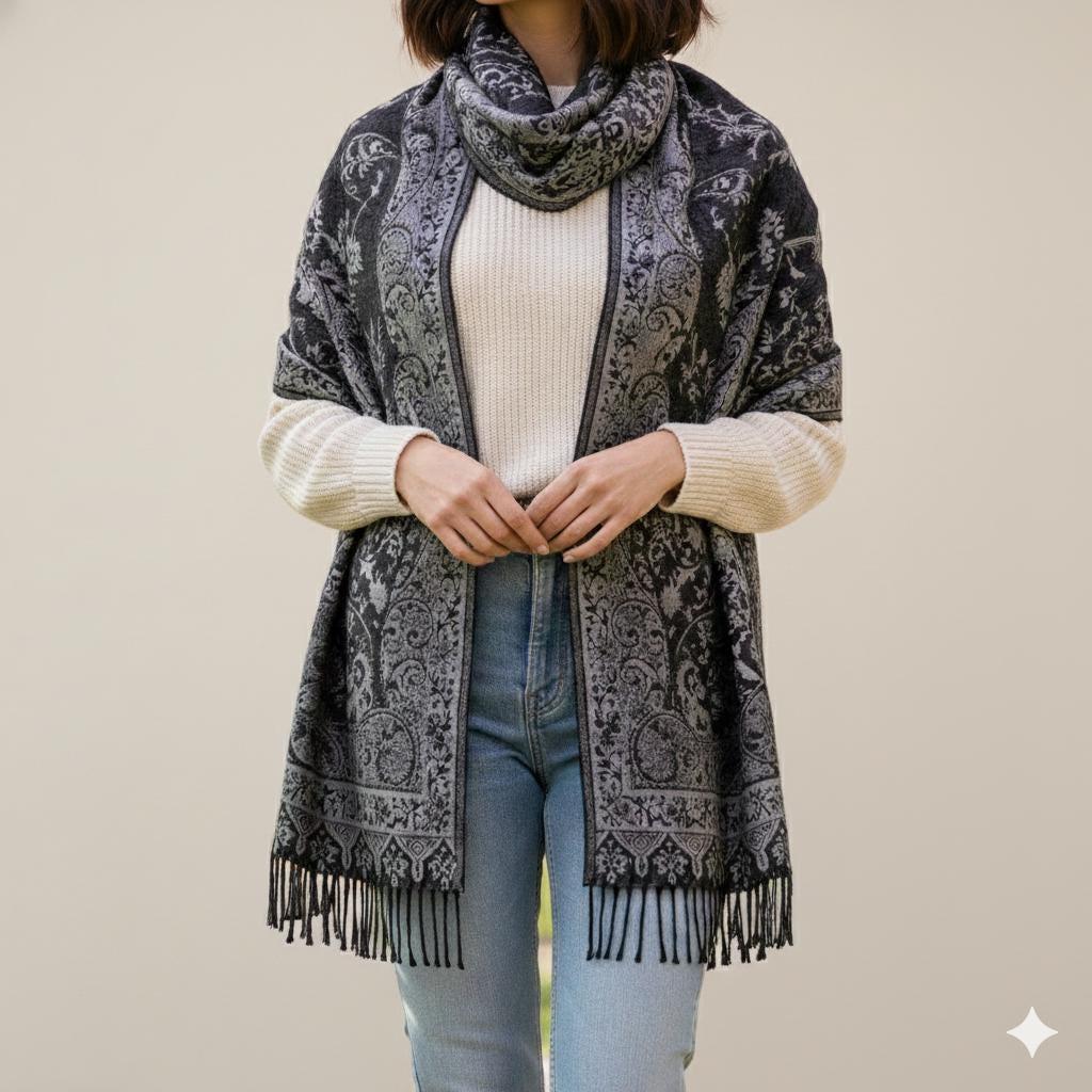 Reversible Soft Pashmina Shawl & Scarf for Women, Jacquard Brocade, Shawl, Sarong or Head Wraps