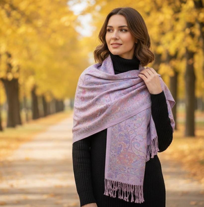 Reversible Soft Pashmina Shawl & Scarf for Women, Jacquard Brocade, Shawl, Sarong or Head Wraps