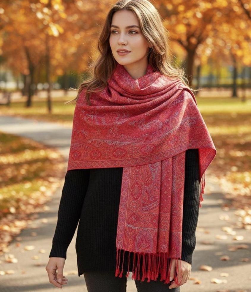 Reversible Soft Pashmina Shawl & Scarf for Women, Jacquard Brocade, Shawl, Sarong or Head Wraps
