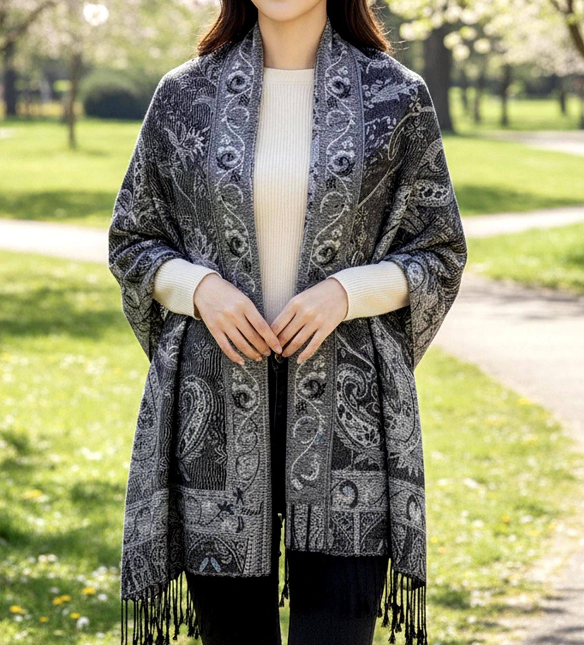 Reversible Soft Pashmina Shawl & Scarf for Women, Jacquard Brocade, Shawl, Sarong or Head Wraps