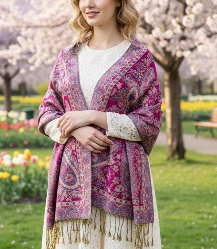 Reversible Soft Pashmina Shawl & Scarf for Women, Jacquard Brocade, Shawl, Sarong or Head Wraps