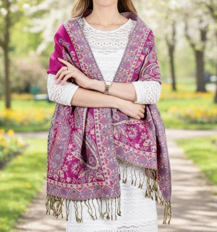 Reversible Soft Pashmina Shawl & Scarf for Women, Jacquard Brocade, Shawl, Sarong or Head Wraps