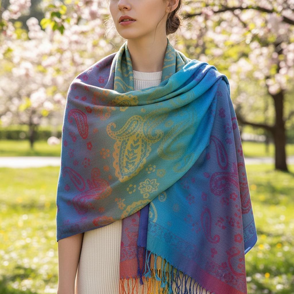 Rainbow Shawl, Soft Pashmina Shawl & Scarf for Women, Jacquard Brocade, Head Wraps