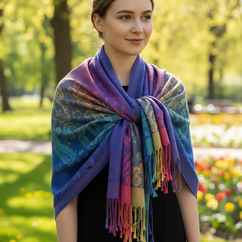 Rainbow Paisley Shawl, Woven Pashmina Wrap, Bohemian Scarf for Women