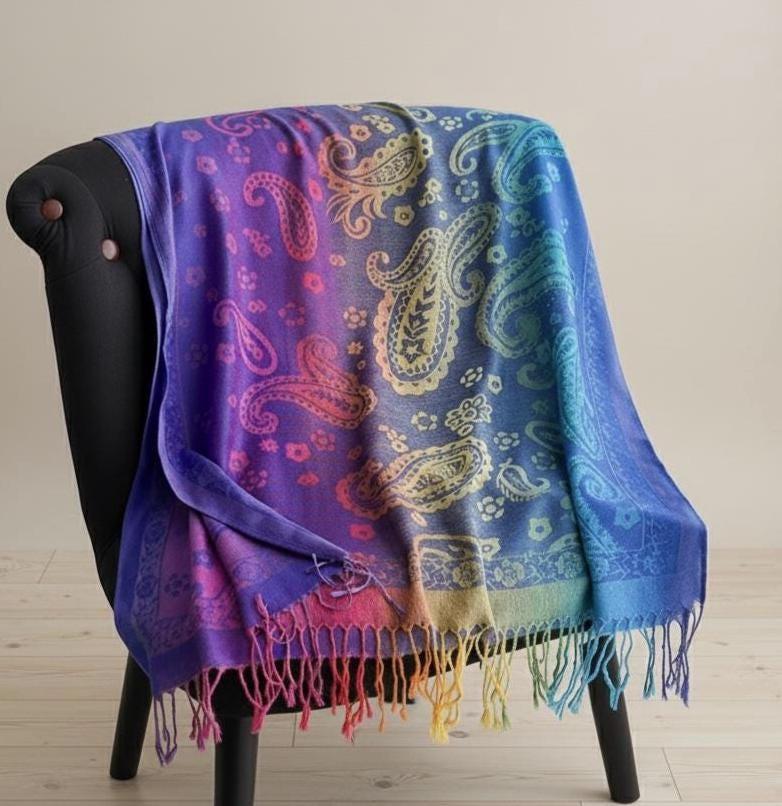 Rainbow Paisley Shawl, Woven Pashmina Wrap, Bohemian Scarf for Women