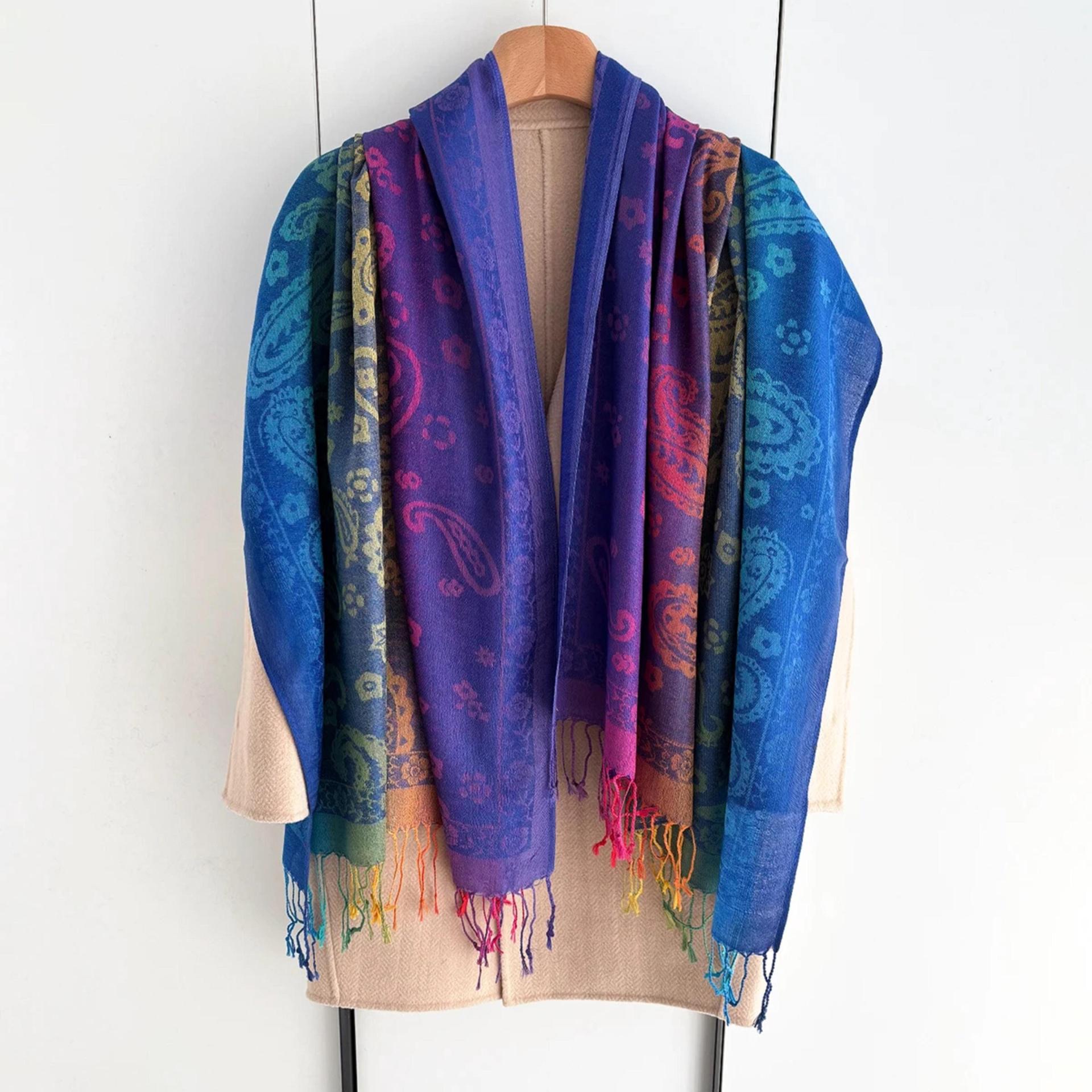 Rainbow Paisley Shawl, Woven Pashmina Wrap, Bohemian Scarf for Women