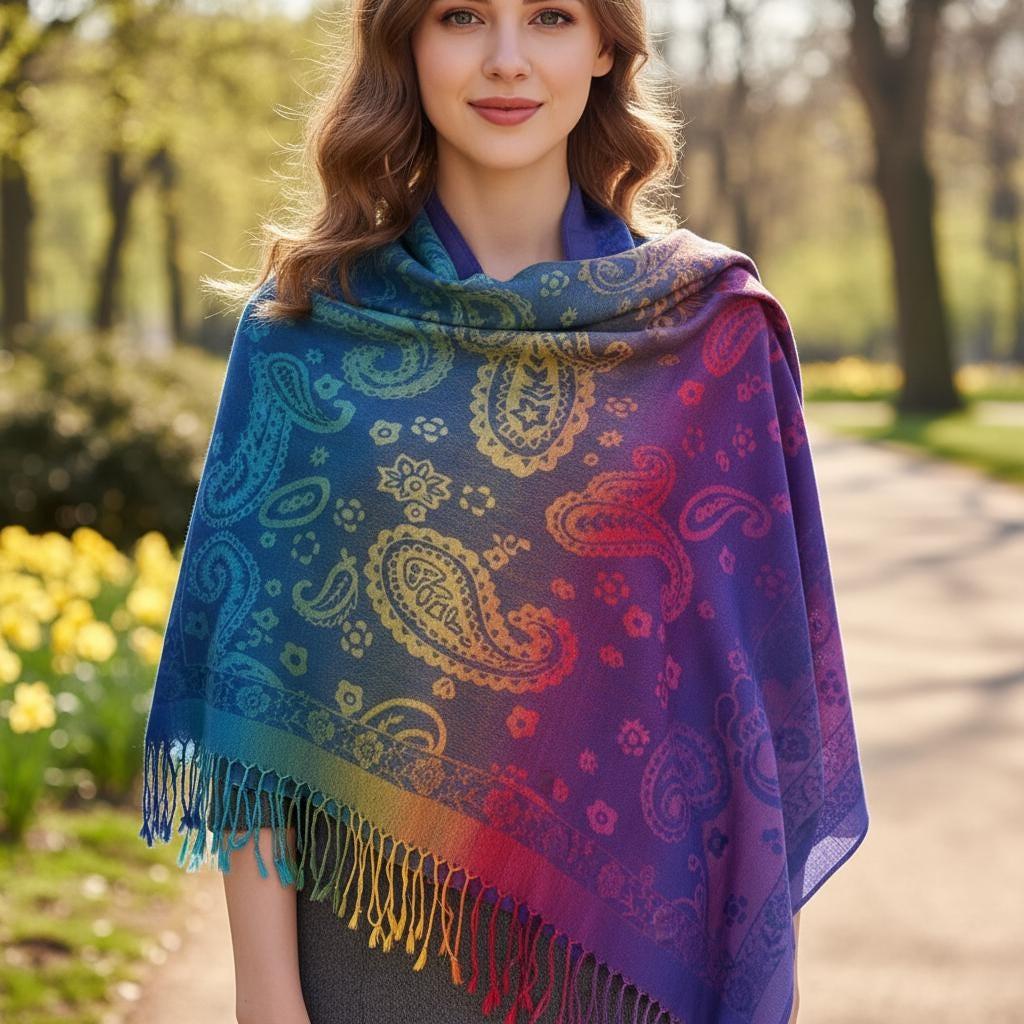 Rainbow Paisley Shawl, Woven Pashmina Wrap, Bohemian Scarf for Women