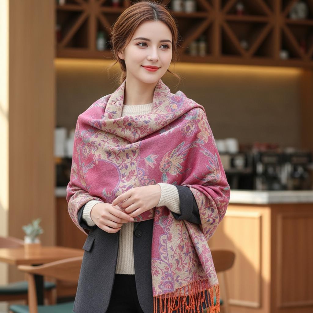 Shiny Soft Pashmina Shawl & Scarf for Women, Jacquard Brocade, Head Wraps
