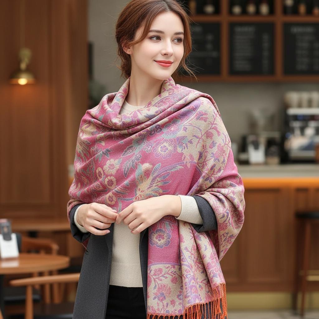 Shiny Soft Pashmina Shawl & Scarf for Women, Jacquard Brocade, Head Wraps