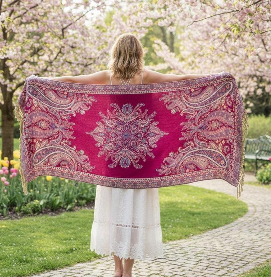 Reversible Soft Pashmina Shawl & Scarf for Women, Jacquard Brocade, Shawl, Sarong or Head Wraps