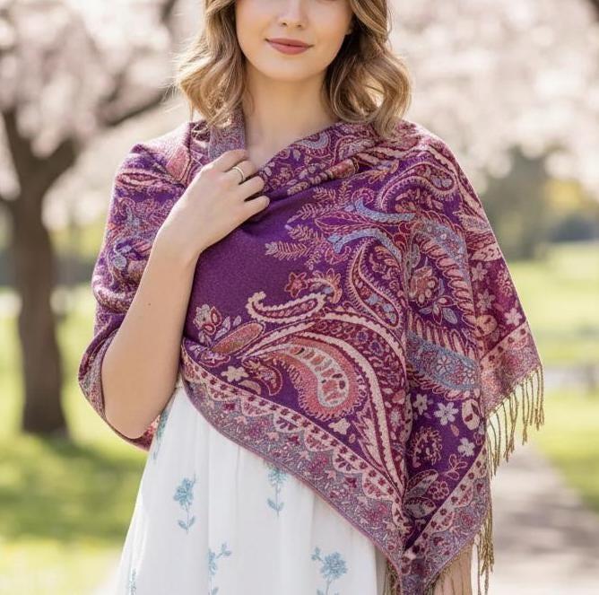 Reversible Soft Pashmina Shawl & Scarf for Women, Jacquard Brocade, Shawl, Sarong or Head Wraps