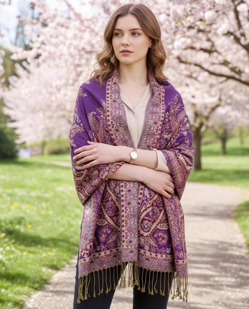 Reversible Soft Pashmina Shawl & Scarf for Women, Jacquard Brocade, Shawl, Sarong or Head Wraps
