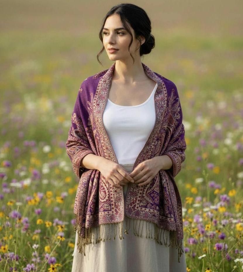 Reversible Soft Pashmina Shawl & Scarf for Women, Jacquard Brocade, Shawl, Sarong or Head Wraps