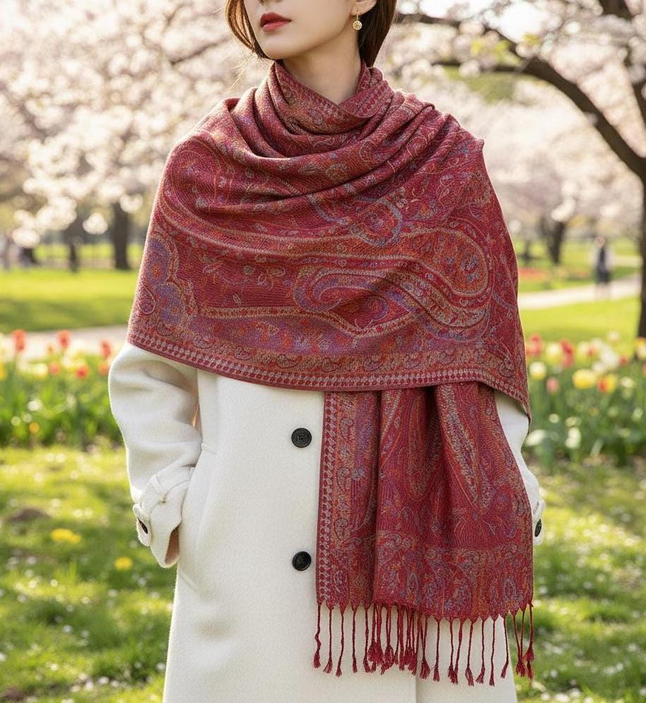 Reversible Soft Pashmina Shawl & Scarf for Women, Jacquard Brocade, Shawl, Sarong or Head Wraps