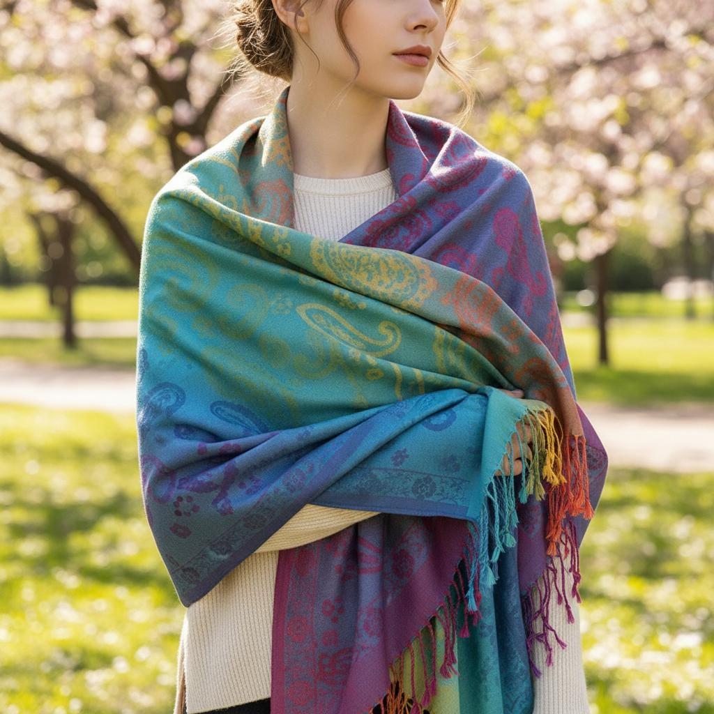Rainbow Shawl, Soft Pashmina Shawl & Scarf for Women, Jacquard Brocade, Head Wraps