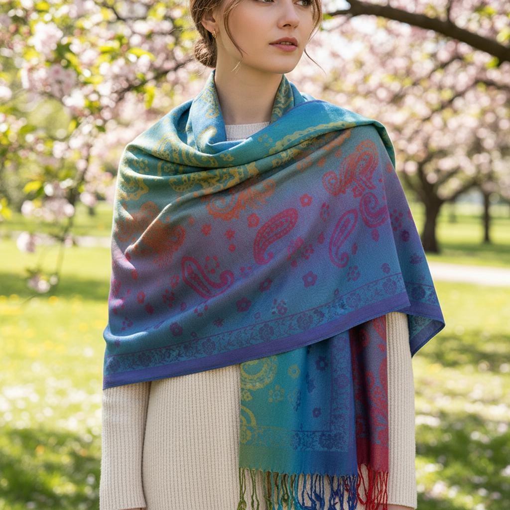 Rainbow Shawl, Soft Pashmina Shawl & Scarf for Women, Jacquard Brocade, Head Wraps