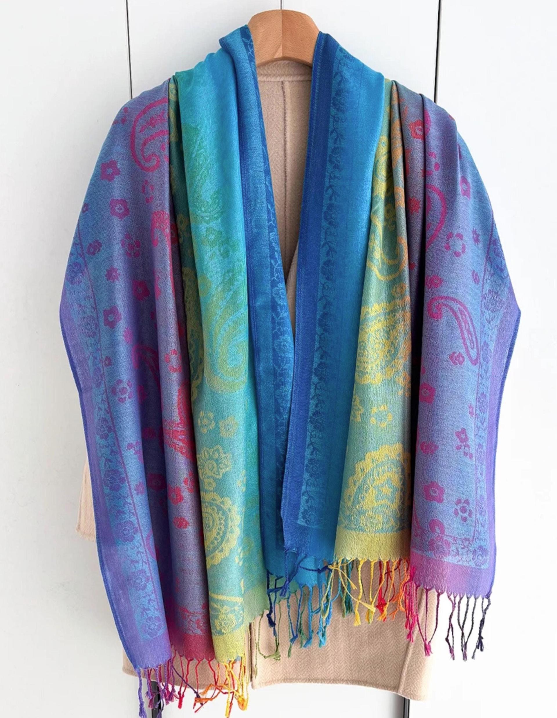 Rainbow Shawl, Soft Pashmina Shawl & Scarf for Women, Jacquard Brocade, Head Wraps