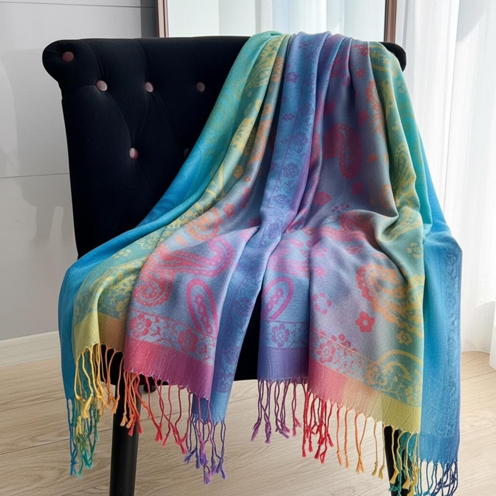 Rainbow Shawl, Soft Pashmina Shawl & Scarf for Women, Jacquard Brocade, Head Wraps