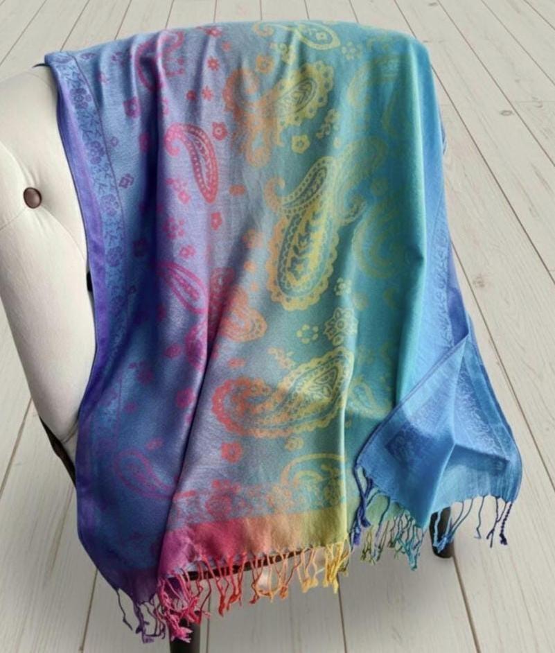 Rainbow Shawl, Soft Pashmina Shawl & Scarf for Women, Jacquard Brocade, Head Wraps