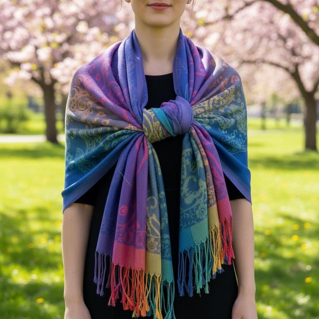 Rainbow Paisley Shawl, Woven Pashmina Wrap, Bohemian Scarf for Women