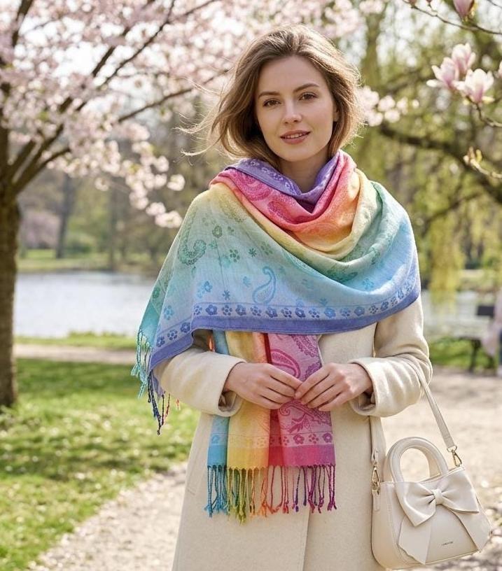 Rainbow Shawl, Soft Pashmina Shawl & Scarf for Women, Jacquard Brocade, Head Wraps