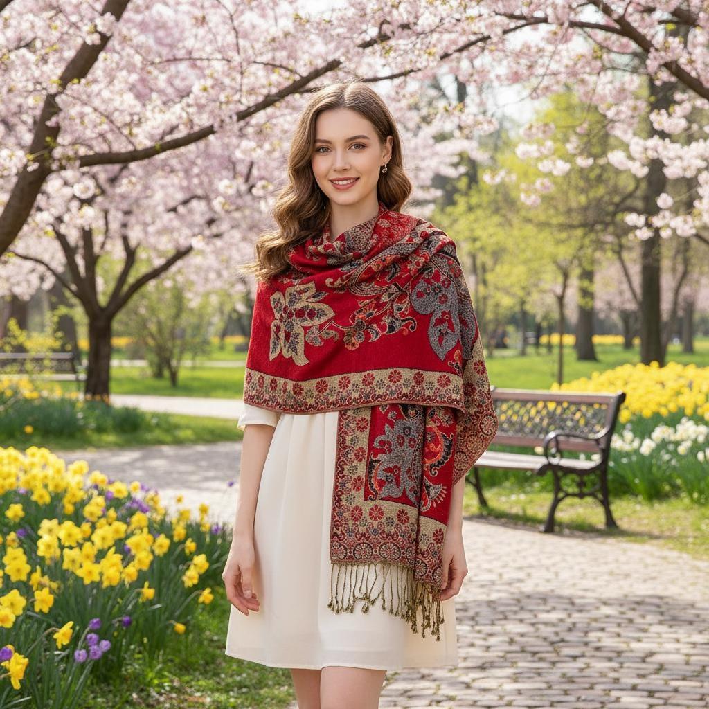 Red and Gold Pashmina Shawl & Scarf for Women, Jacquard Brocade, Stole or Wrap