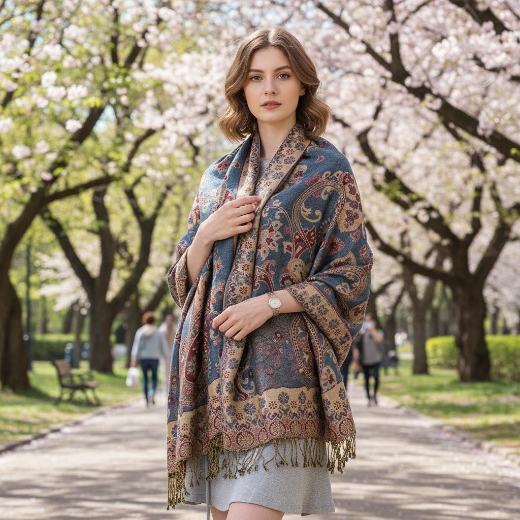 Aqua and Gold Pashmina Shawl & Scarf for Women, Jacquard Brocade, Shawl or Wrap