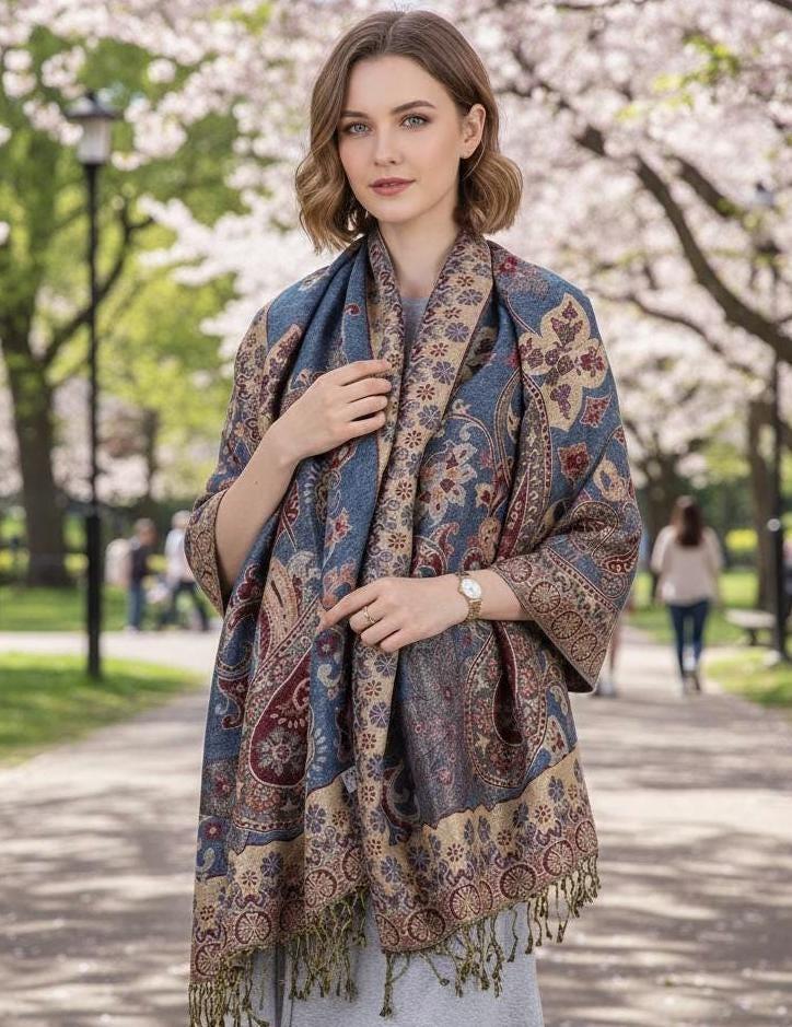 Aqua and Gold Pashmina Shawl & Scarf for Women, Jacquard Brocade, Shawl or Wrap