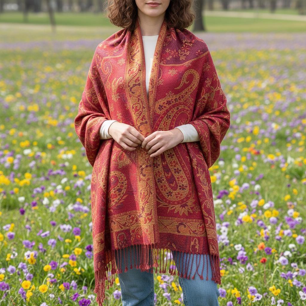 Reversible Soft Pashmina Shawl & Scarf for Women, Jacquard Brocade, Shawl, Sarong or Head Wraps