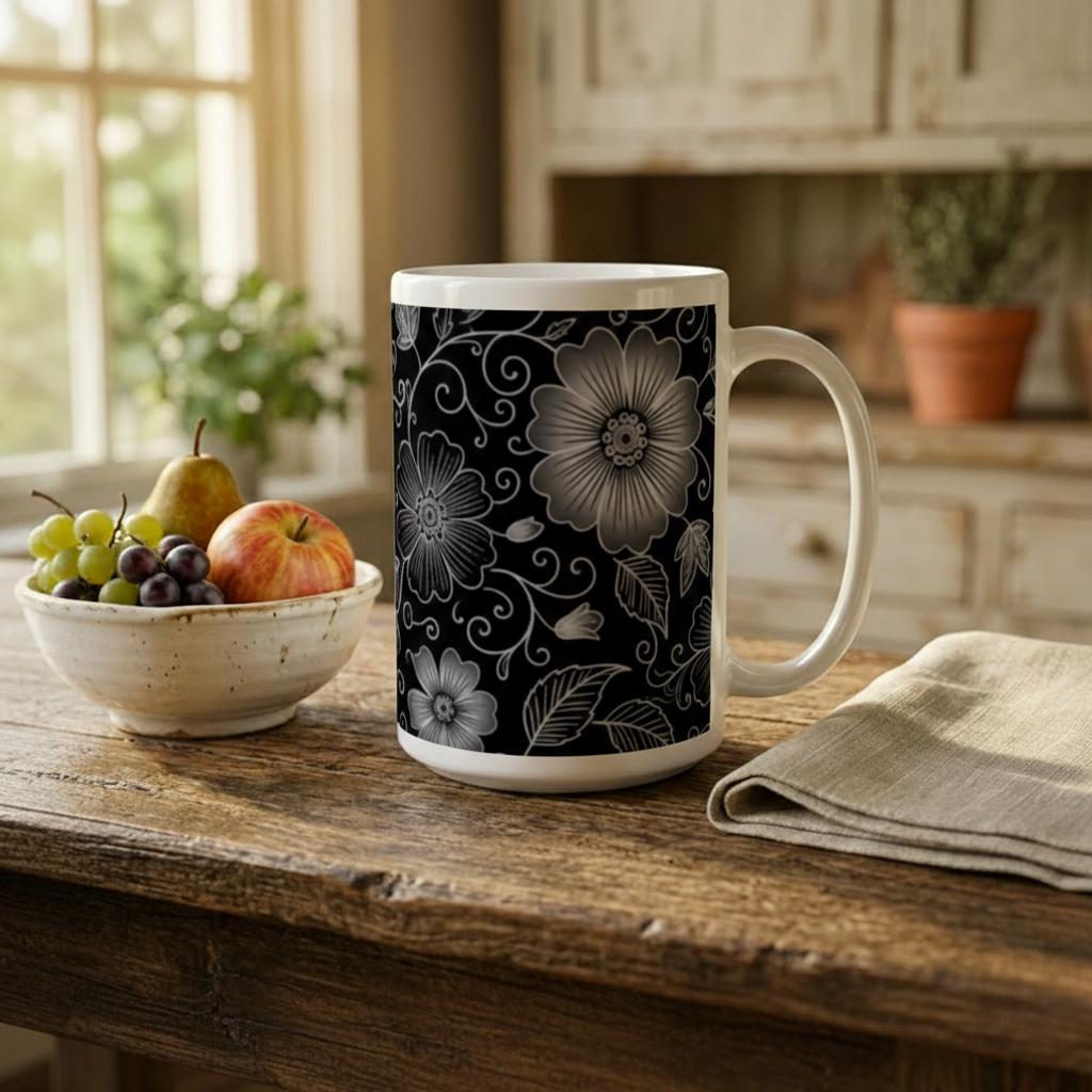 Set of Big Mugs, Dark Floral Cup Set, 15 oz