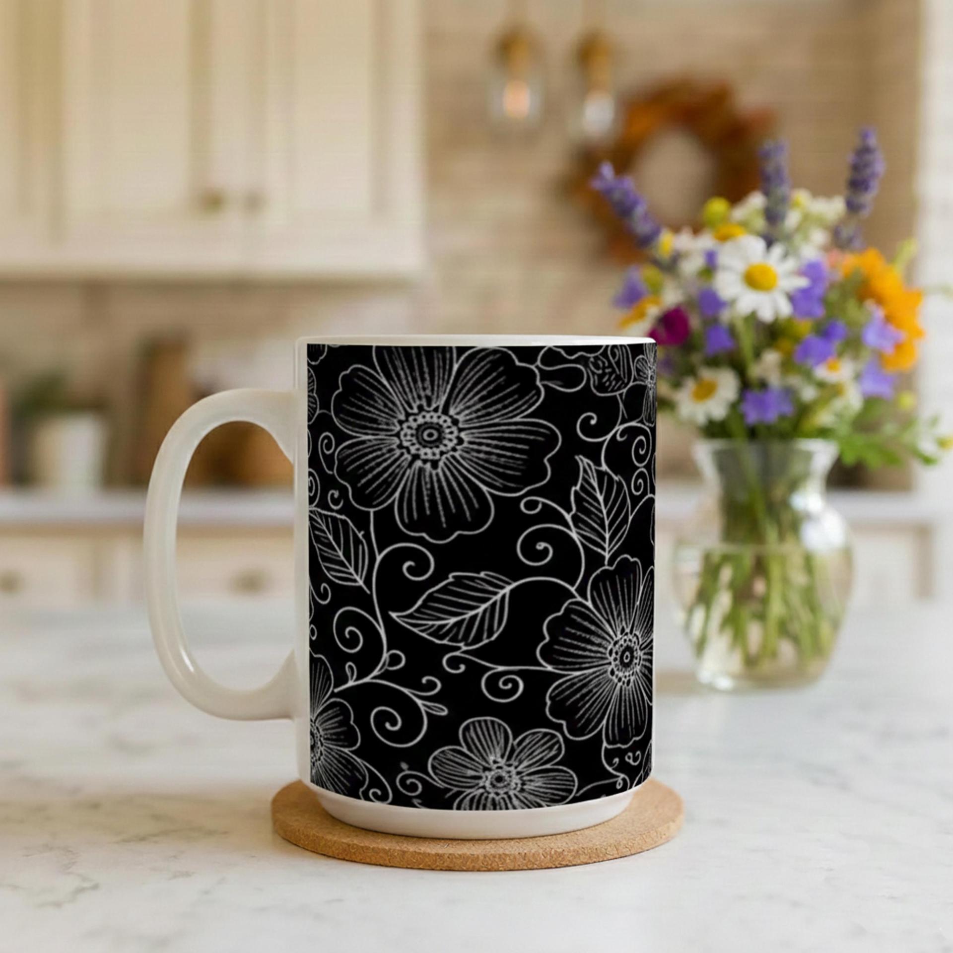 Set of Big Mugs, Dark Floral Cup Set, 15 oz