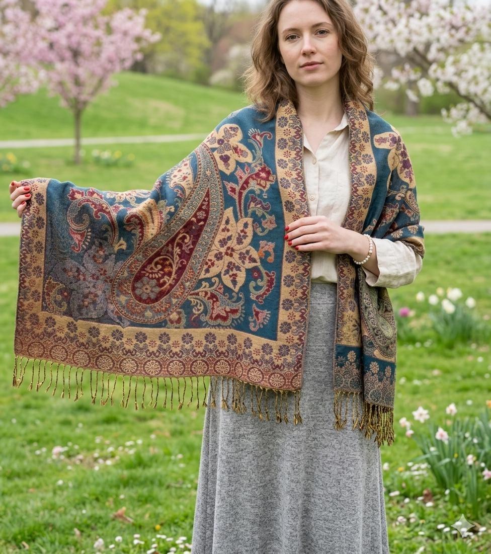 Aqua and Gold Pashmina Shawl & Scarf for Women, Jacquard Brocade, Shawl or Wrap