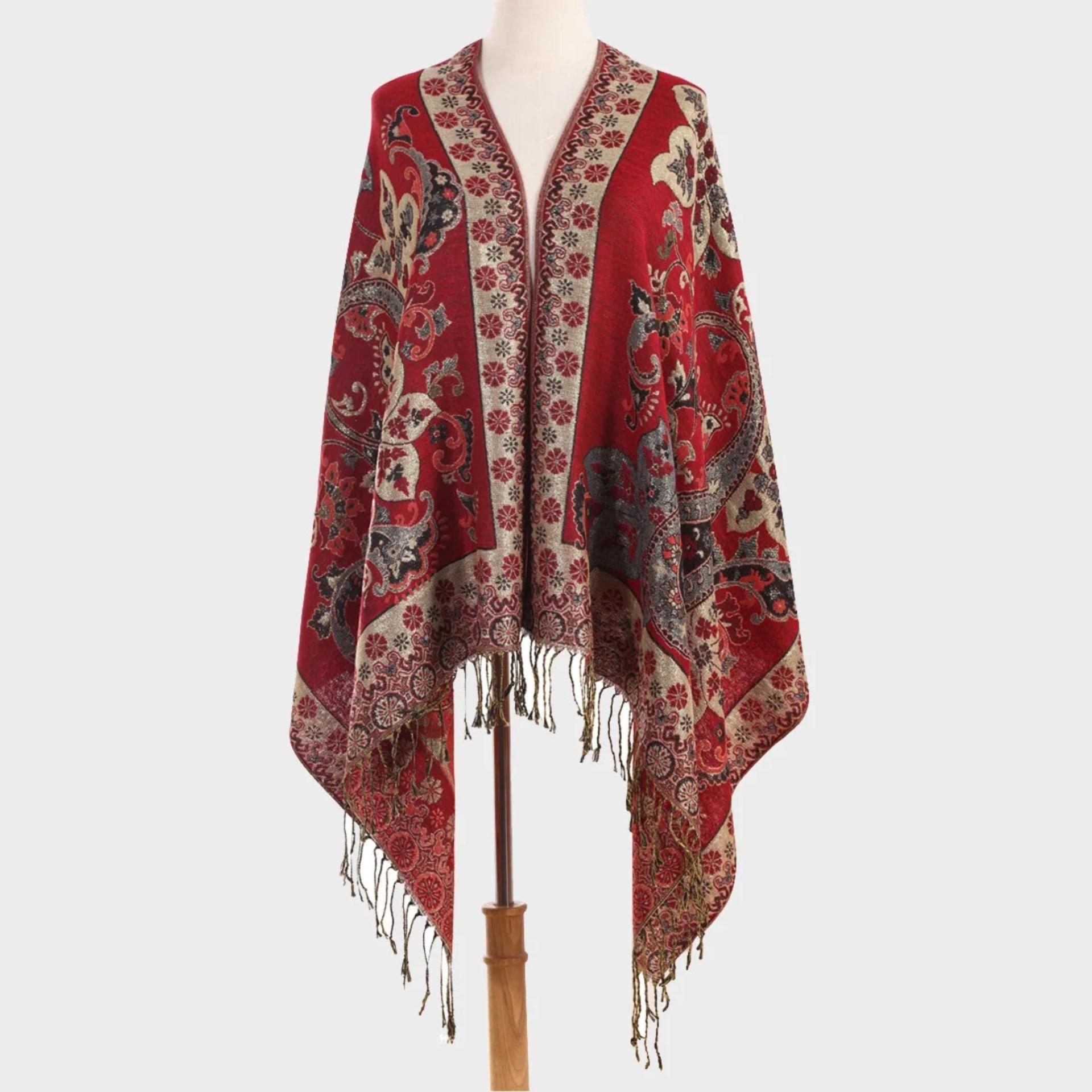 Red and Gold Pashmina Shawl & Scarf for Women, Jacquard Brocade, Stole or Wrap