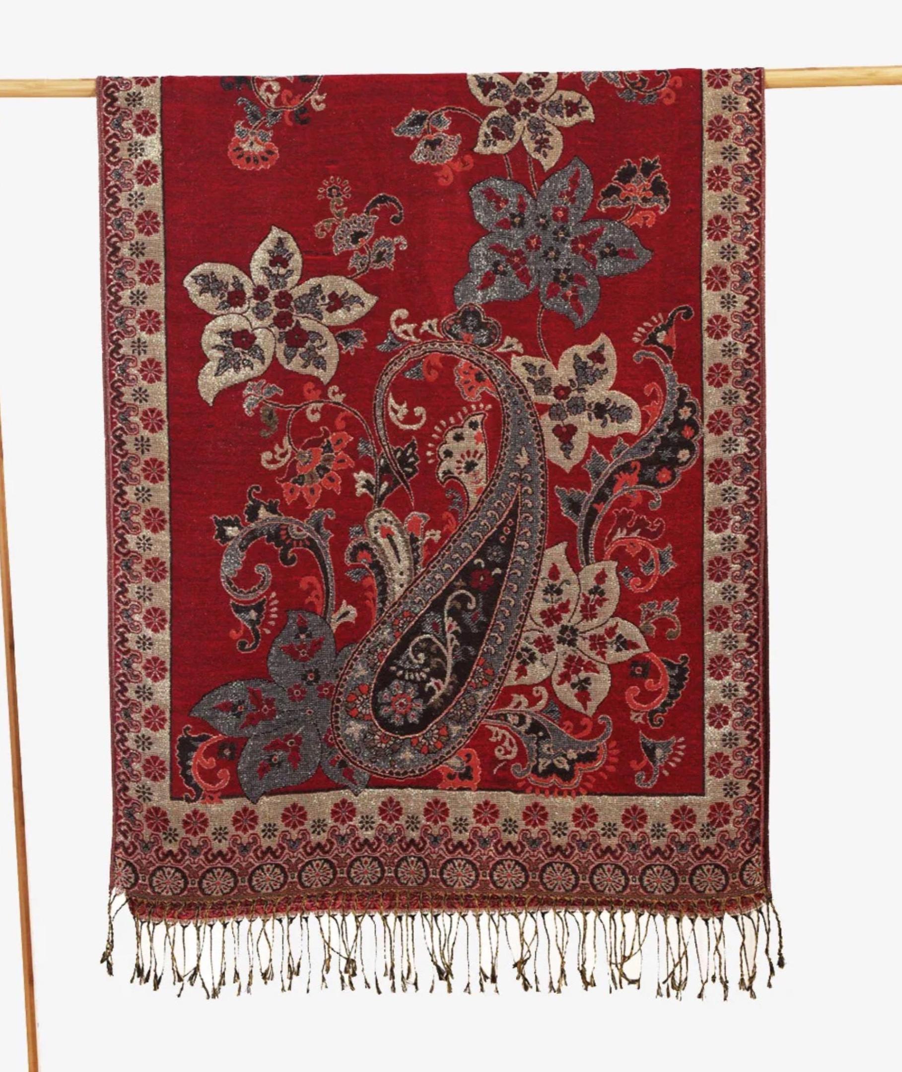 Red and Gold Pashmina Shawl & Scarf for Women, Jacquard Brocade, Stole or Wrap
