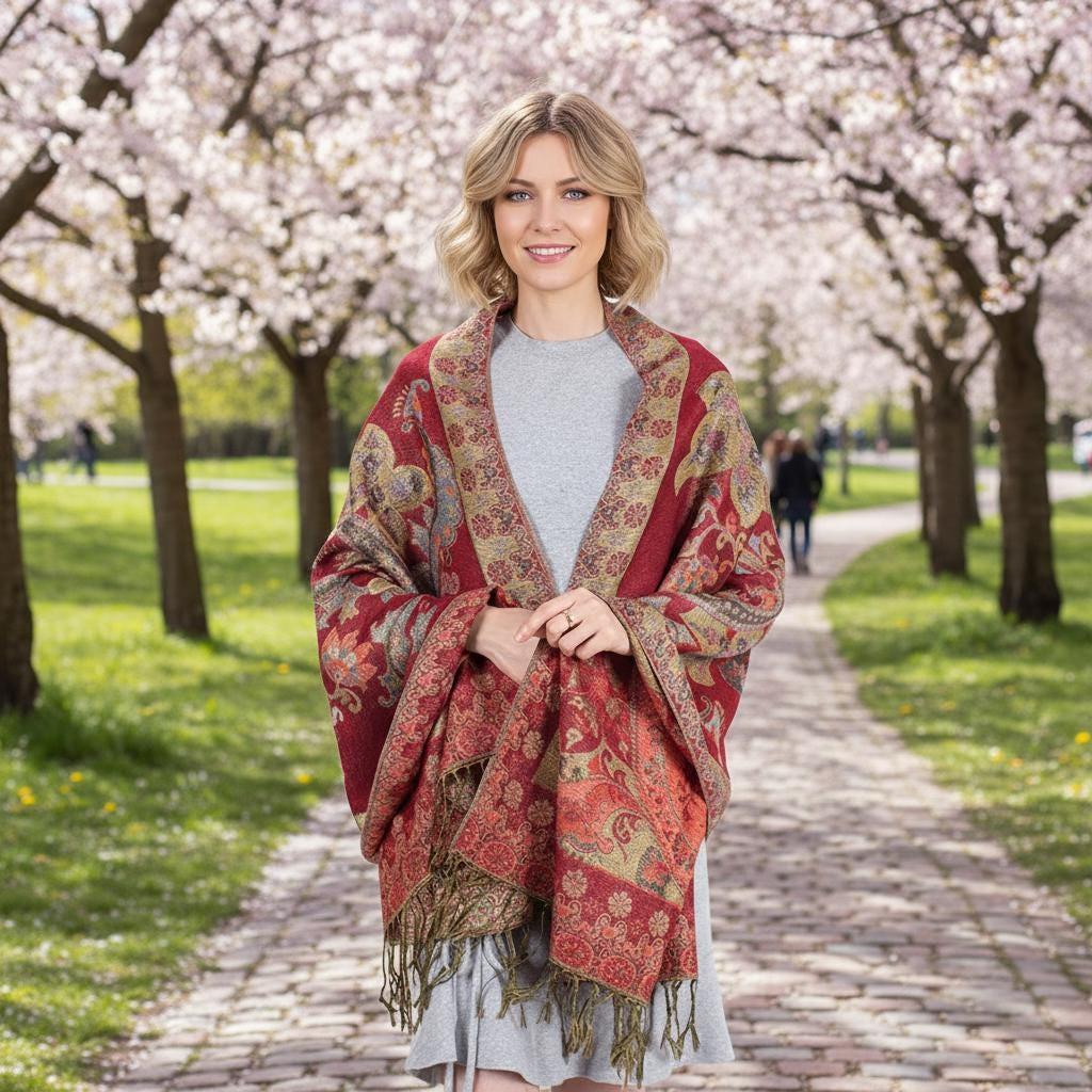 Red and Gold Pashmina Shawl & Scarf for Women, Jacquard Brocade, Stole or Wrap