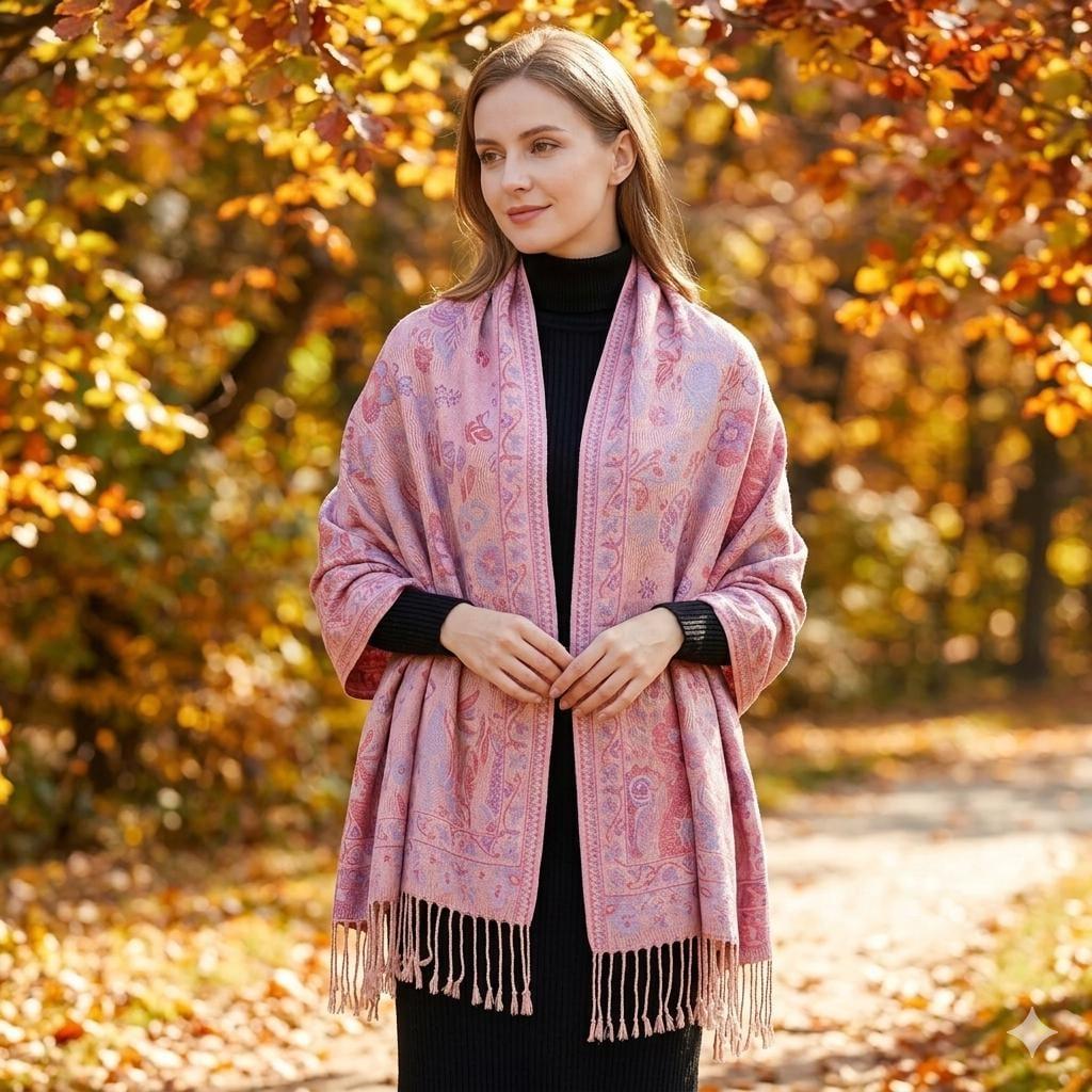 Soft Pashmina Shawl & Scarf for Women, Jacquard Brocade, Lightweight Blanket Shawl